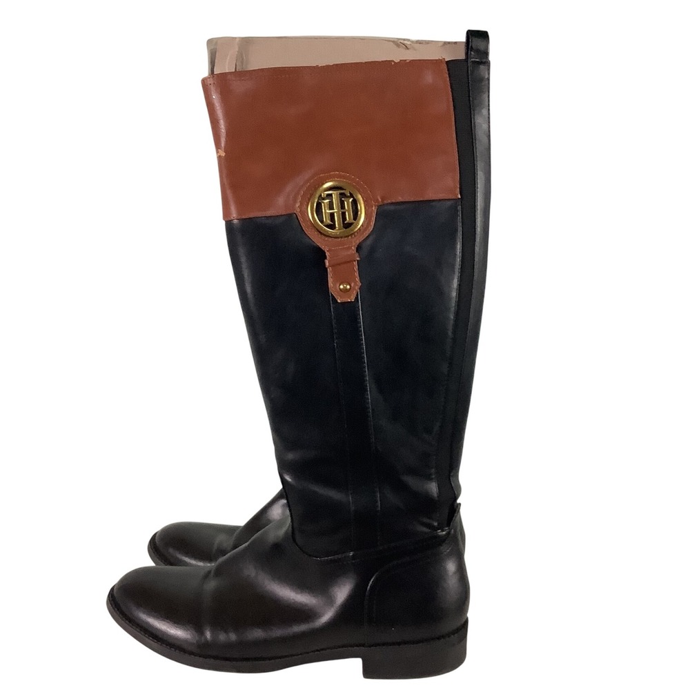Tommy Hilfiger Womens Black Brown Two Tone Riding Boots Gold Logo Medallion 9.5m